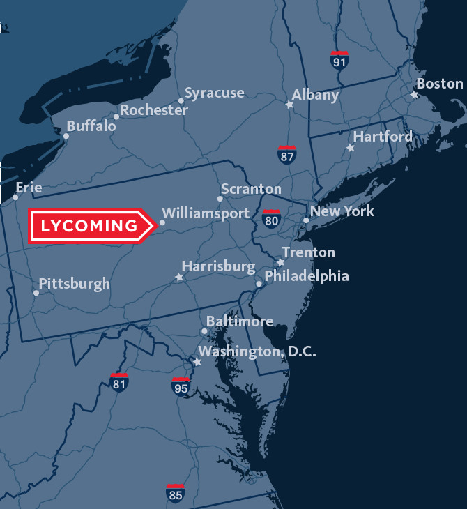 Map of the northeastern U.S. showing Lycoming College in relation to cities