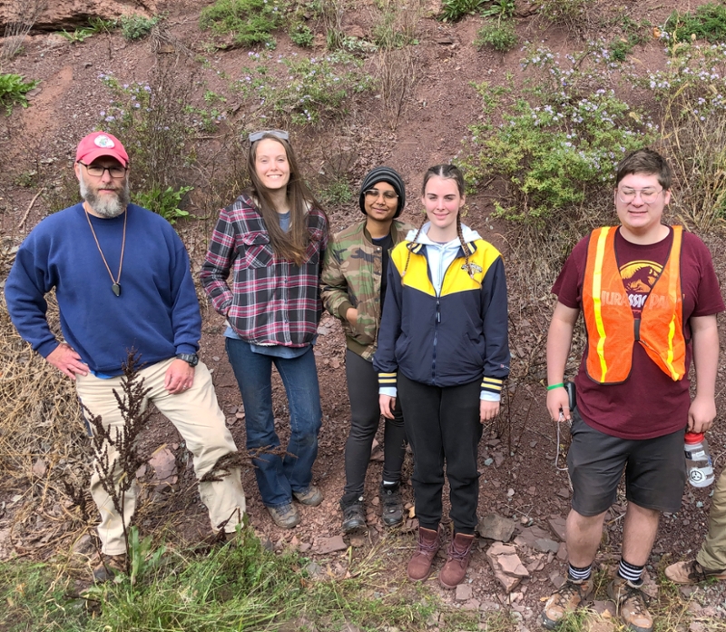 Broussard with Lycoming students: Kennedy, Nidhee Seernaum, Olivia Plotts, Chris Graham, on a vertebrate biology field trip fall 2022