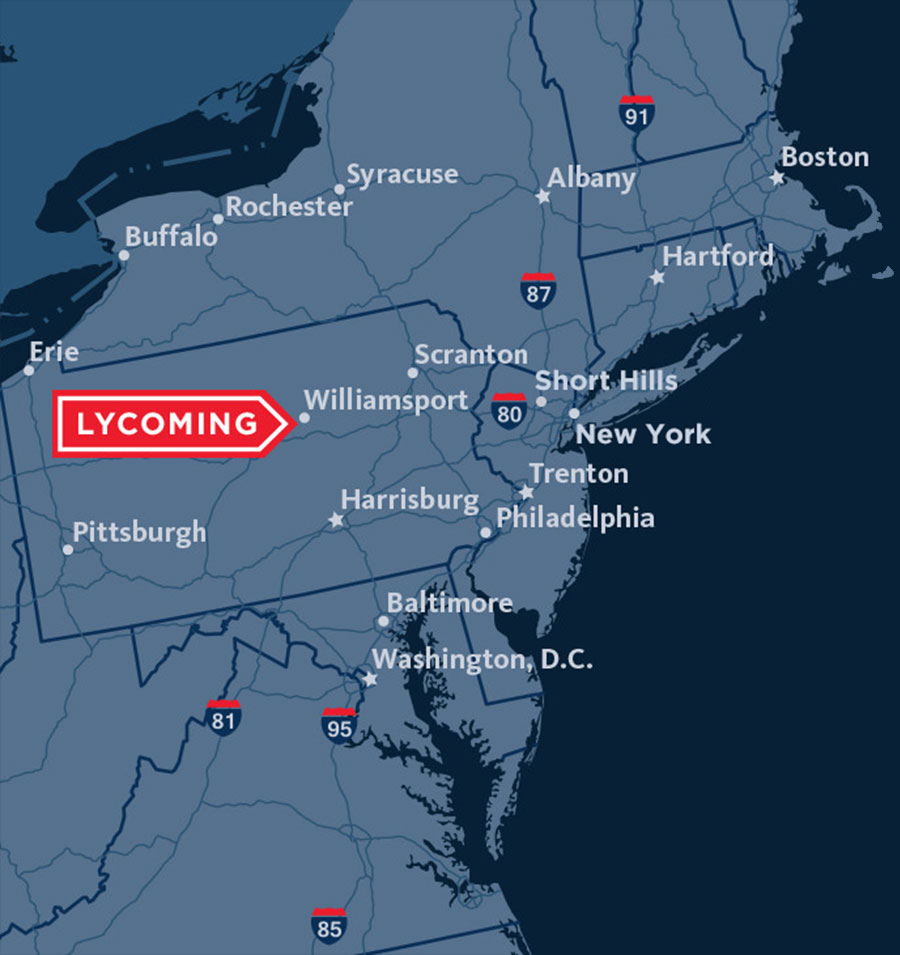 Map showing Lycoming College in relation to cities in the northeast U.S.