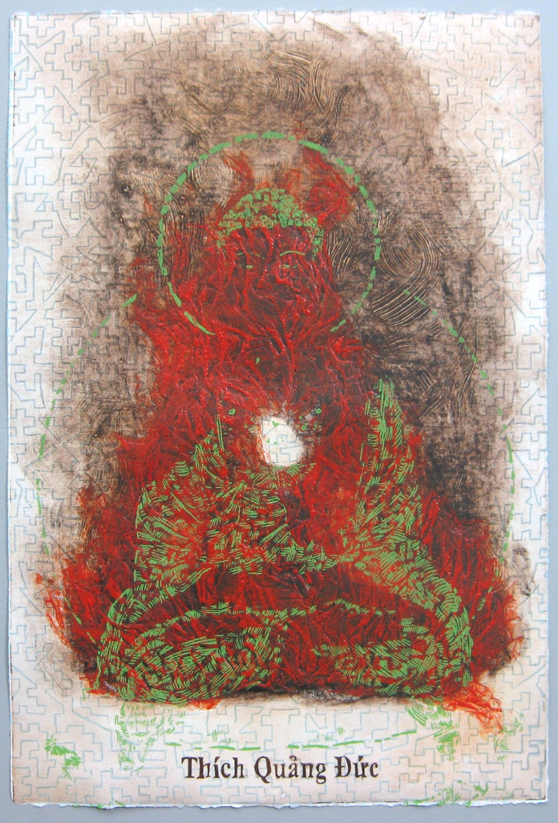 Thich Quang Duc #1, collagraph and screen printing on paper, © Jeremiah Johnson
